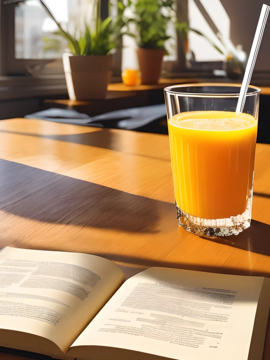 An open book and a glass of orange juice on a wooden desk