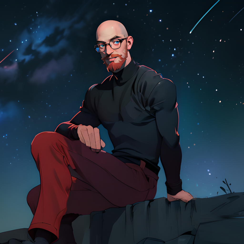 A bald bespectacled man with a ginger beard sitting outside at nighttime