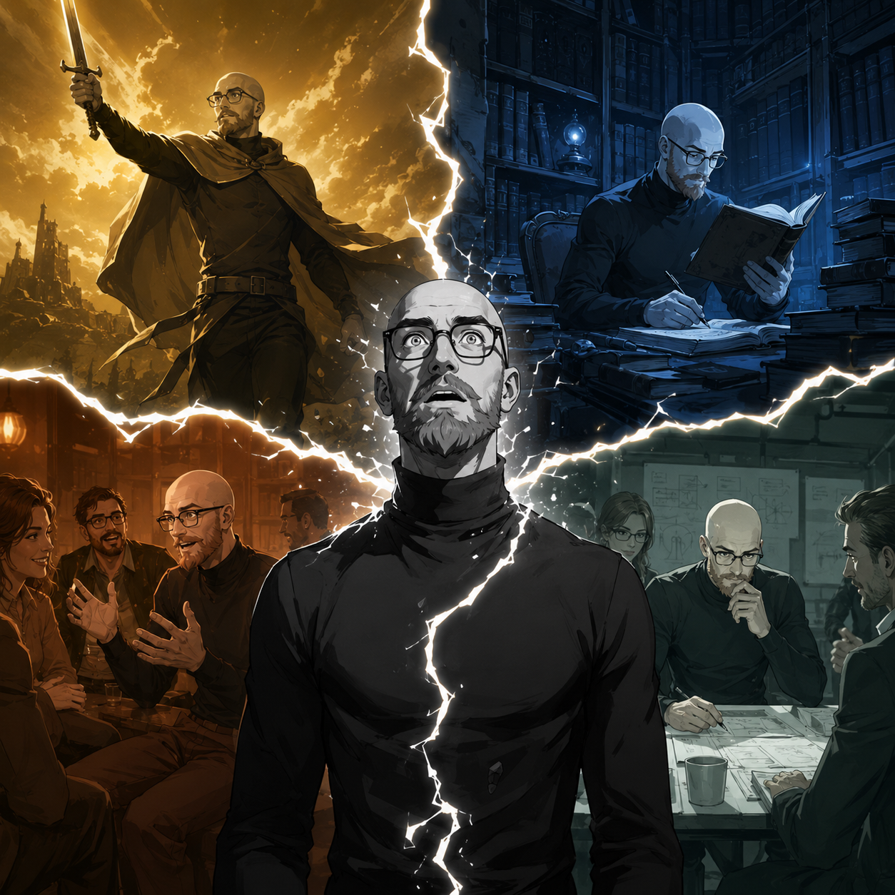 Comic-style illustration of a bald man in a black turtleneck struck by lightning as his identity fractures into four coloured lives: hero, scholar, friend, and professional.